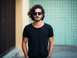 un hombre con Gafas de sol vistiendo blanco vacío negro camiseta Bosquejo para diseño plantilla, ai generado foto