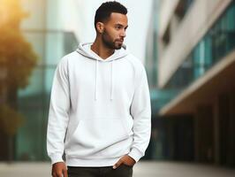 Attractive caucasian man wearing blank empty white hoodie mockup for design template,AI Generated photo