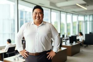 Plus size manager asian businessman CEO confident and standing front of modern office,AI Generated photo