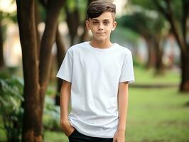 Cute boy wearing blank empty white t-shirt mockup for design template,AI Generated photo