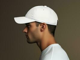 A man wearing blank empty white cap mockup for design template, AI Generated photo