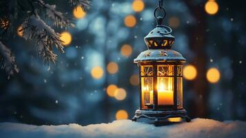 Christmas lantern light on snow background with fir branch in evening scene,AI Generated photo