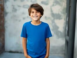 Cute boy wearing blank empty blue t-shirt mockup for design template, AI Generated photo