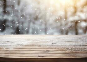 Abstract empty wooden table top with copy space over christmas winter bokeh blurred light background, AI Generated photo