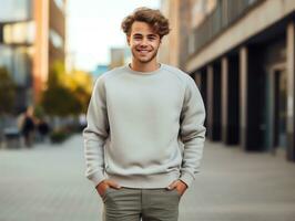 joven hombre vistiendo blanco vacío gris camiseta largo mangas suéter Bosquejo para diseño plantilla, ai generado foto