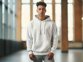 Attractive caucasian man wearing blank empty white hoodie mockup for design template,AI Generated photo