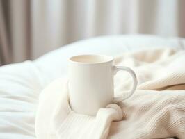 Blank empty white coffee mug mockup on warm knitted clothes in autumn and winter season,AI Generated photo