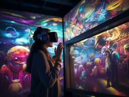 mujer utilizando virtual realidad auriculares, mirando alrededor a interactivo tecnología exposición con multicolor proyector ligero iluminación, ai generado foto