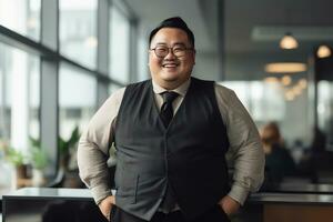 más Talla gerente asiático empresario CEO confidente y en pie frente de moderno oficina, ai generado foto