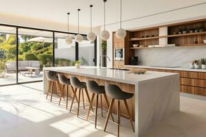moderno lujo diseño cocina habitación interior, comida isla mesa con sillas, ai generado foto