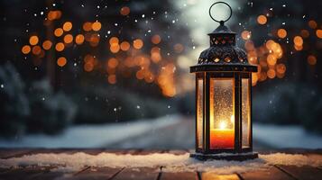 Christmas lantern light on snow background with fir branch in evening scene,AI Generated photo