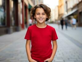 Cute boy wearing blank empty red t-shirt mockup for design template,AI Generated photo