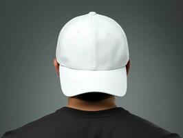 A man wearing blank empty white cap mockup for design template, AI Generated photo