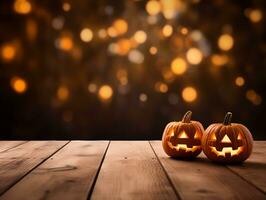 Halloween decorative on wooden table top with blurred night light scene background, AI Generated photo