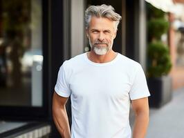 Healthy senior man wearing blank empty white t-shirt mockup for design template, AI Generated photo