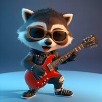 Smart cat rockstar 3D cartoon raccoon character with a guitar and cool shades photo