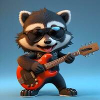 Smart cat rockstar 3D cartoon raccoon character with a guitar and cool shades photo