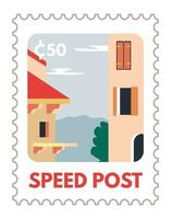 velocidad correo, tarjeta postal o marca con ciudad paisaje vector