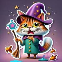 3D sticker template of a whimsical wizard cat wearing a pointed hat and casting a spell that goes hilariously wrong photo