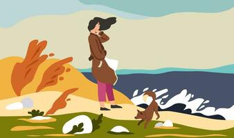 mujer en pie por mar con perro en otoño temporada vector