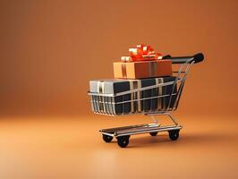 Shopping cart with gift boxes for black friday holiday concept, AI Generated photo