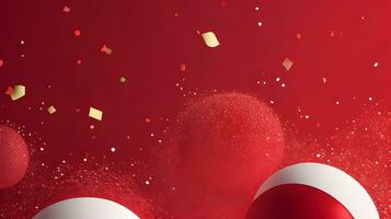 a red Merry Christmas background featuring confetti in various holiday-inspired shapes, such as ornaments and candy canes photo