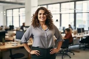 Plus size manager businesswoman CEO confident and standing front of modern office,AI Generated photo