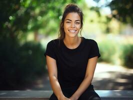 Attractive young woman wearing blank empty black t-shirt mockup for design template, AI Generated photo