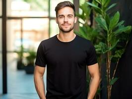 Attractive caucasian man wearing blank empty black t-shirt mockup for design template, AI Generated photo