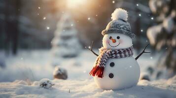 Cute snowman in a cap and scarf in winter snow scene background, celebration concept, AI Generated photo