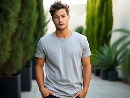 attractive man wearing blank empty grey t-shirt mockup for design template, AI Generated photo