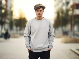 Young man wearing blank empty grey t-shirt long sleeves sweater mockup for design template,AI Generated photo