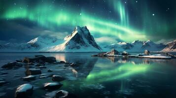 landscape of beautiful aurora borealis over snowy mountain background, AI Generated photo