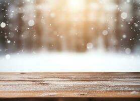 Abstract empty wooden table top with copy space over christmas winter bokeh blurred light background, AI Generated photo