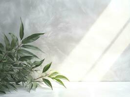 Abstract white marble tabletop with plant and copy space background, product montage photo