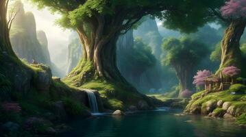 a scenic fantasy world HD wallpaper featuring floating islands, cascading waterfalls, and floating castles photo