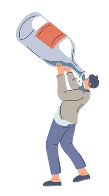 Alcohol addiction, man drinking from huge bottle