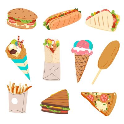 Fast food and snakcs, sandwiches and meal vector