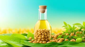 Showcase a promotional image for a soybean oil brand. Use floating soybeans and soybean oil to symbolize the natural and wholesome qualities of the product against a green background photo