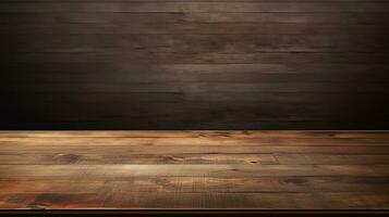 Blank wooden tabletop on black board wall background, mockup and display for product, banner style,AI Generated photo