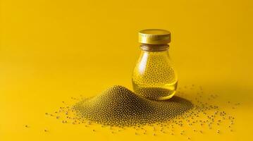 Showcase a promotional image for a mustard oil brand. Use floating mustard seeds and mustard oil to symbolize the natural and flavorful qualities of the product against a green background photo