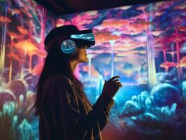 mujer utilizando virtual realidad auriculares, mirando alrededor a interactivo tecnología exposición con multicolor proyector ligero iluminación, ai generado foto