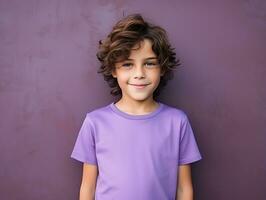 Cute boy wearing blank empty purple t-shirt mockup for design template,AI Generated photo