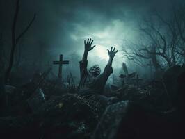 Zombie hand rising on tombstone in dark spooky night, halloween background, AI Generated photo