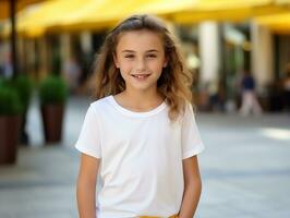 Cute little girl wearing blank empty white t-shirt mockup for design template, AI Generated photo