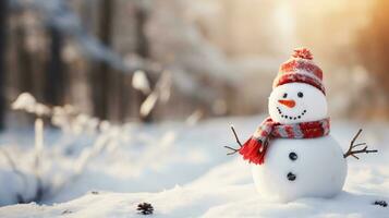 Cute snowman in a cap and scarf in winter snow scene background, celebration concept, AI Generated photo