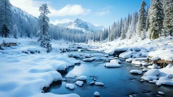 paisaje de invierno montaña con río en nacional parque, ai generado foto