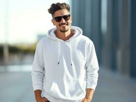 Attractive caucasian man wearing blank empty white hoodie mockup for design template,AI Generated photo