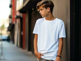 Cute boy wearing blank empty white t-shirt mockup for design template,AI Generated photo