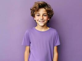 Cute boy wearing blank empty purple t-shirt mockup for design template,AI Generated photo